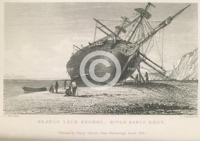 Beagle laid ashore, River Santa Cruz, 1834 (1839).  Creator: Thomas Landseer.