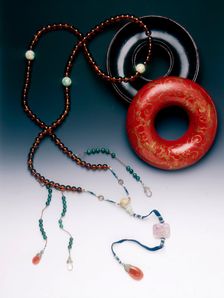Bead box and Mandarin's Court necklace, Qing dynasty, China, 19th century. Creator: Unknown
