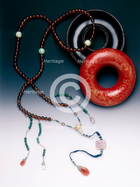 Bead box and Mandarin's Court necklace, Qing dynasty, China, 19th century. Creator: Unknown.