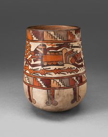 Beaker Depicing Costumed Ritual Performer Holding Ornamental Staff and Weapons, 180 BC/AD 500. Creator: Unknown