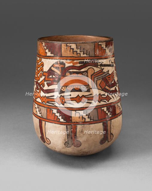 Beaker Depicing Costumed Ritual Performer Holding Ornamental Staff and Weapons, 180 BC/AD 500. Creator: Unknown.