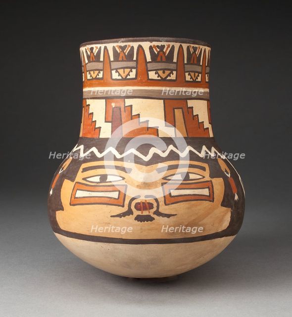 Beaker Depicting a Human Head with Bound Lips and Geometric Motifs, 180 B.C./A.D. 500. Creator: Unknown.