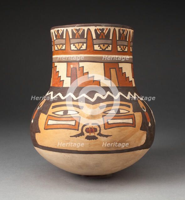 Beaker Depicting a Human Head with Bound Lips and Geometric Motifs, 180 B.C./A.D. 500. Creator: Unknown.