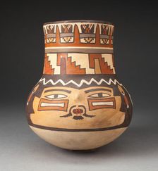 Beaker Depicting a Human Head with Bound Lips and Geometric Motifs, 180 B.C./A.D. 500. Creator: Unknown