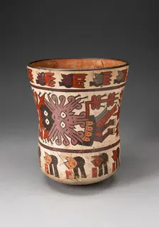 Beaker Depicting Costumed Ritual Performer with Abstract Trophy Heads, 180 B.C./A.D. 500. Creator: Unknown