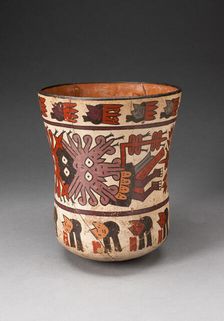 Beaker Depicting Costumed Ritual Performer with Abstract Trophy Heads, 180 B.C./A.D. 500. Creator: Unknown