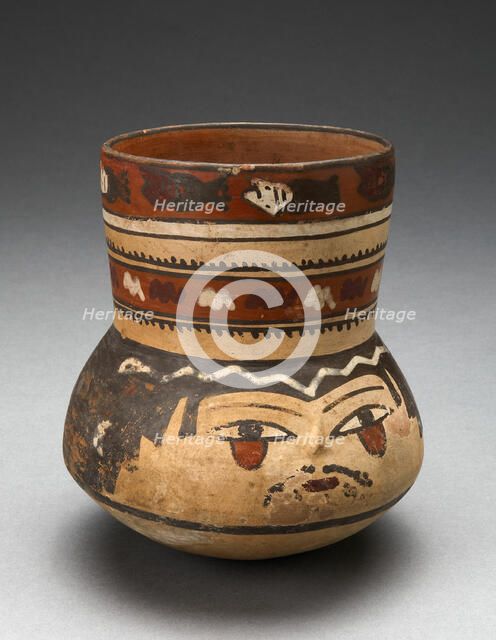 Beaker Depicting Human Head and Rows of Geometric Motifs, 180 B.C./A.D. 500. Creator: Unknown.