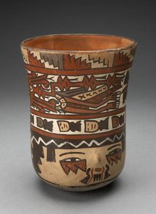 Beaker Depicting Human Head with Face Painting; and Abstract Costumed Figures, 180 B.C./A.D. 500. Creator: Unknown