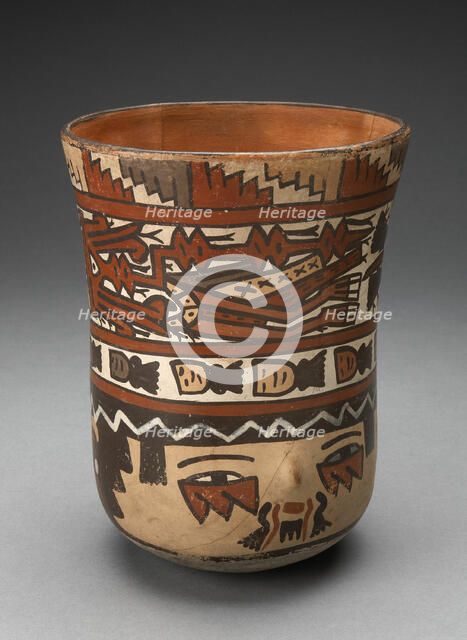 Beaker Depicting Human Head with Face Painting; and Abstract Costumed Figures, 180 B.C./A.D. 500. Creator: Unknown.