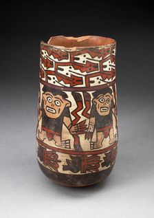 Beaker Depicting Rows of Figures Holdings Staffs or Plants with Geometric Motifs, 180 B.C./A.D. 500. Creator: Unknown