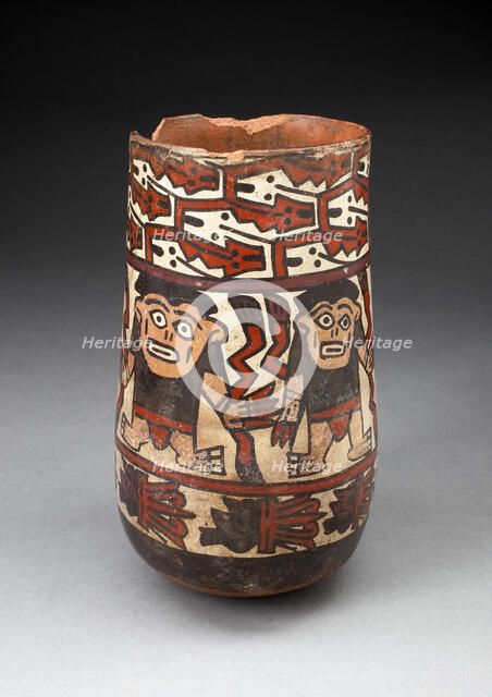 Beaker Depicting Rows of Figures Holdings Staffs or Plants with Geometric Motifs, 180 B.C./A.D. 500. Creator: Unknown.