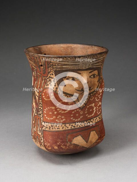 Beaker in the Form of a Figure with Painted Standing Figures Holding Staffs, 180 B.C./A.D. 500. Creator: Unknown.