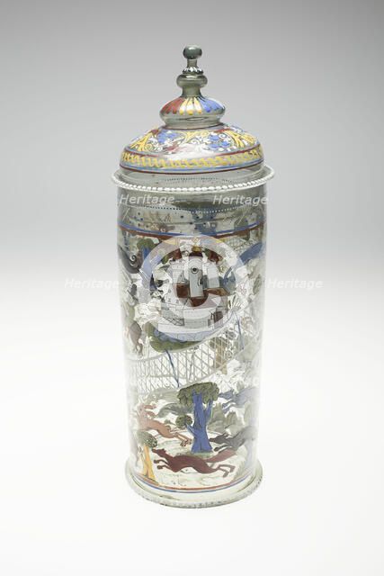 Beaker with Cover (Humpen) with Hunting Scenes, Bohemia, 1550/1600. Creator: Bohemia Glass.