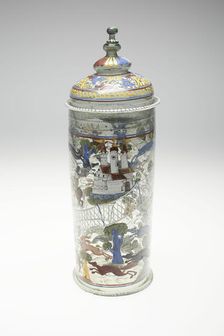 Beaker with Cover (Humpen) with Hunting Scenes, Bohemia, 1550/1600. Creator: Bohemia Glass