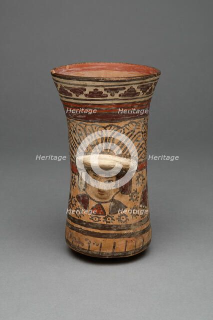Beaker with Modeled Head Surrounded by Painted Abstract Motifs, 180 B.C./A.D. 500. Creator: Unknown.