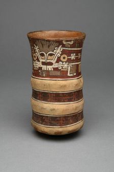 Beaker with Molded Horizontal Bands, Depicting a Masked Ritual Performer, 180 B.C./A.D. 500. Creator: Unknown