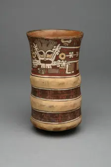 Beaker with Molded Horizontal Bands, Depicting a Masked Ritual Performer, 180 B.C./A.D. 500. Creator: Unknown