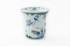 Beaker with underglaze blue birds, grasses and flowers, 1660-1677