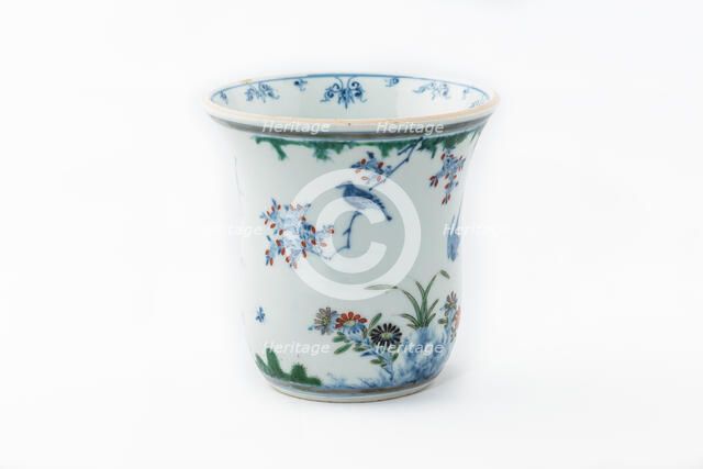 Beaker with underglaze blue birds, grasses and flowers, 1660-1677. Artist: Unknown.