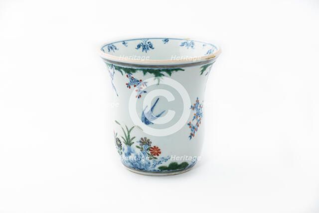 Beaker with underglaze blue birds, grasses and flowers, 1660-1677. Artist: Unknown.