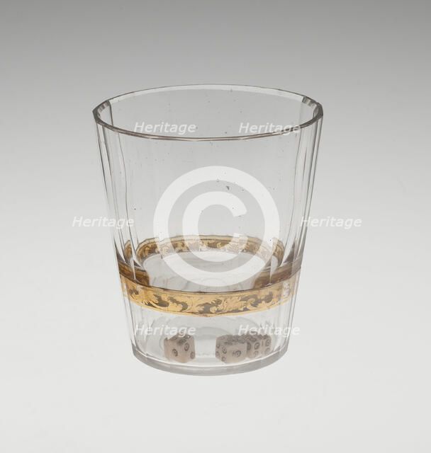 Beaker (Zwischengoldglas) Incorporating Three Dice, Bohemia, c. 1730. Creator: Bohemia Glass.