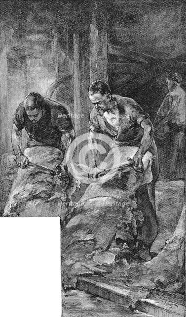 Beaming hides for production of shoe leather, 1885. Artist: Unknown