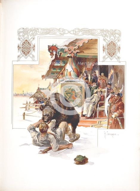 Bear baiting. Illustration for The Grand Ducal, Tsarist and Imperial Hunting in Russia by N. Kutepov Artist: Samokish, Nikolai Semyonovich (1860-1944)