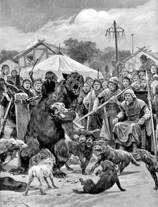 Bear-baiting in Saxon times, (c1920).Artist: Richard Caton Woodville II