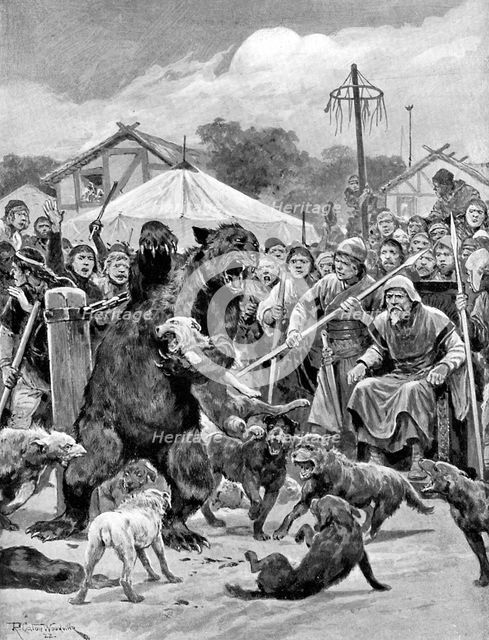 Bear-baiting in Saxon times, (c1920).Artist: Richard Caton Woodville II