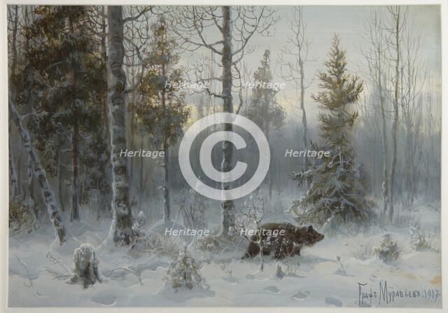 Bear in the winter forest, 1907. Artist: Muravyov, Count Vladimir Leonidovich (1861-1940)