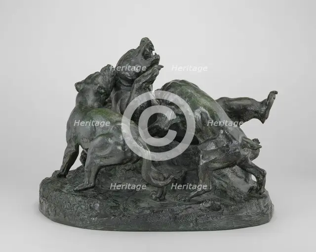 Bear Overthrown by Hounds, model c. 1834/1838, cast by 1873. Creator: Antoine-Louis Barye.