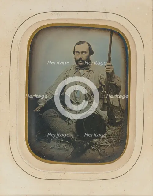 Bearded Hunter with gun and two dogs, about 1850. Creator: Unknown.