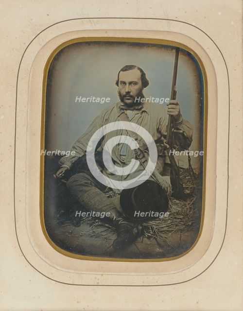 Bearded Hunter with gun and two dogs, about 1850. Creator: Unknown.