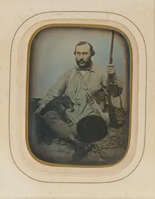 Bearded Hunter with gun and two dogs, about 1850. Creator: Unknown