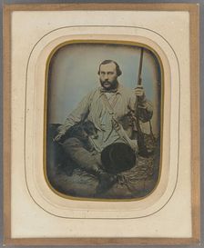 Bearded Hunter with gun and two dogs, about 1850. Creator: Unknown