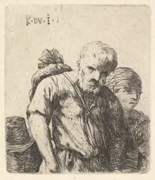 Bearded man shown in half-length with bundle slung over right shoulderblade, flanke..., ca. 1641-78. Creator: Karel Du Jardin