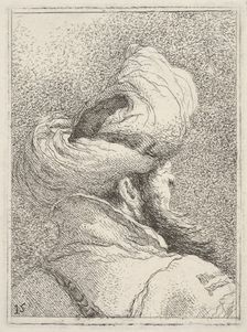 Bearded man wearing a turban, depicted in bust length from behind in three-quarters vi..., ca. 1770. Creator: Giovanni Battista Tiepolo