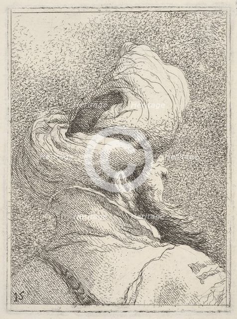 Bearded man wearing a turban, depicted in bust length from behind in three-quarters vi..., ca. 1770. Creator: Giovanni Battista Tiepolo.
