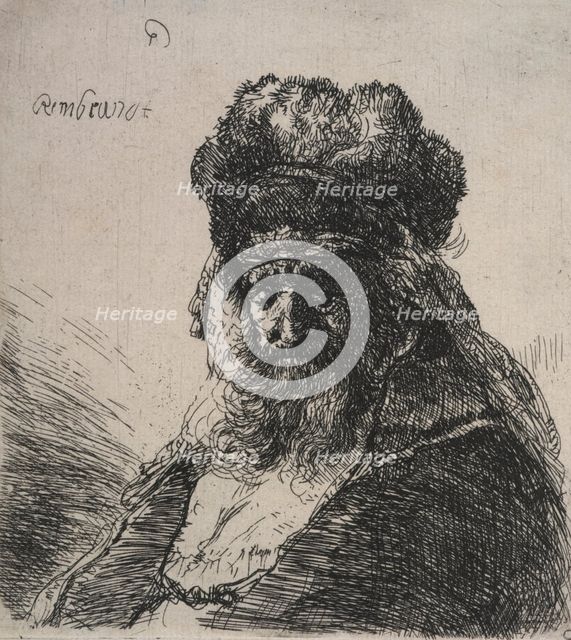 Bearded old man in a high fur cap, with eyes closed, c.1635. Creator: Rembrandt Harmensz van Rijn.