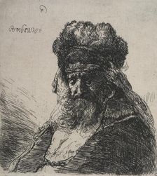 Bearded old man in a high fur cap, with eyes closed, c.1635. Creator: Rembrandt Harmensz van Rijn