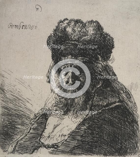 Bearded old man in a high fur cap, with eyes closed, c.1635. Creator: Rembrandt Harmensz van Rijn.