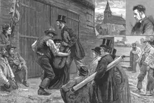 'Beating the Bounderies; Bumping the Vicar against a Barn Door, Bisley, Woking Surrey' 1888. Creator: Unknown