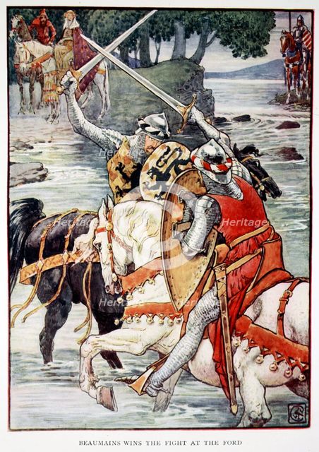 'Beaumains Wins the Fight at the Ford', 1911.   Creator: Unknown.