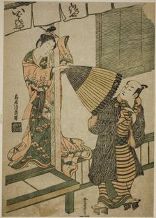 Beauty of Ibarakiya Pulling at a Man's Umbrella - a Parody of the Legend of Watanabe no..., c. 1759. Creator: Torii Kiyohiro