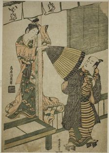Beauty of Ibarakiya Pulling at a Man's Umbrella - a Parody of the Legend of Watanabe no..., c. 1759. Creator: Torii Kiyohiro