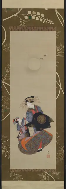 Beauty of the Yoshiwara with Apprentice in Moonlight, 19th century. Creator: Hokuba