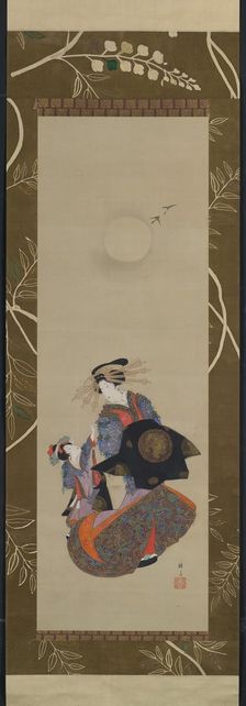 Beauty of the Yoshiwara with Apprentice in Moonlight, 19th century. Creator: Hokuba