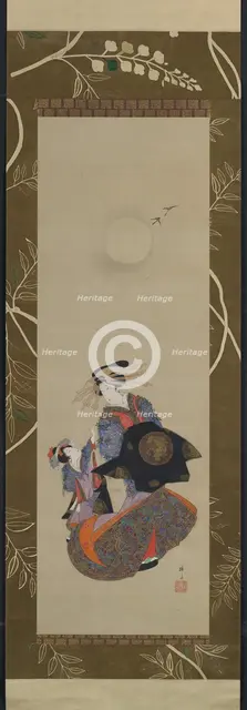 Beauty of the Yoshiwara with Apprentice in Moonlight, 19th century. Creator: Hokuba.