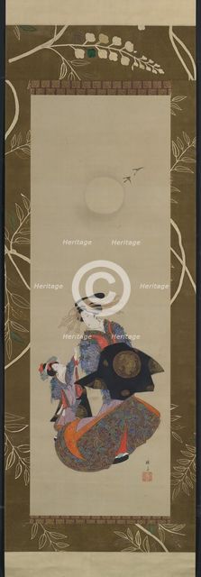Beauty of the Yoshiwara with Apprentice in Moonlight, 19th century. Creator: Hokuba.