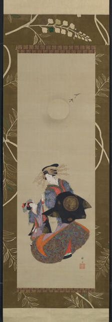 Beauty of the Yoshiwara with Apprentice in Moonlight, 19th century. Creator: Hokuba